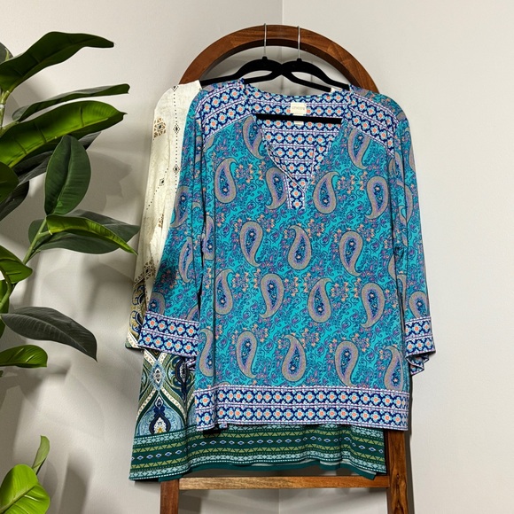 Chico's XXL Lot of 2 Blue White Stretch Jersey Knit Tunic Blouse Tops - Picture 1 of 12